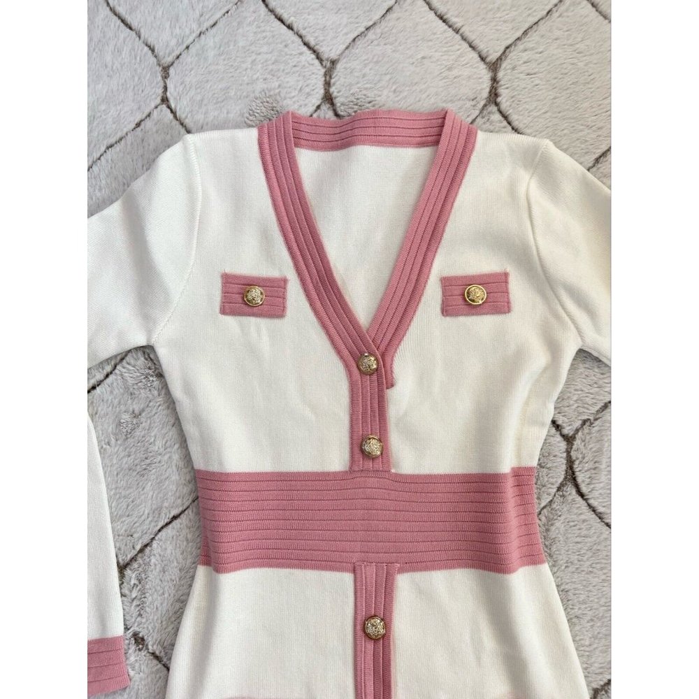 DAIMARAN Bombay Women's Dress Bodycon White Pink With Buttons Long Sleeves S - Picture 3 of 6
